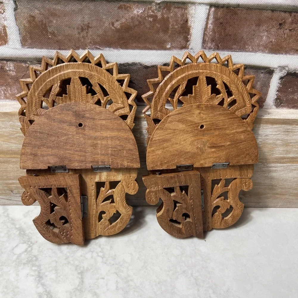 Vintage Pair (2) Hand Carved Wooden Folding Wall Shelf Maple Leaf Carving